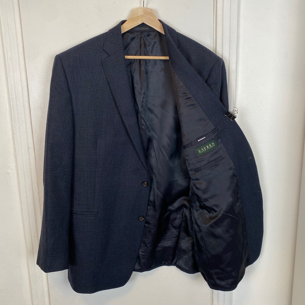 Ralph Lauren 46L Navy Blue Glen Plaid Worsted Wool Blazer Jacket Sport Coat